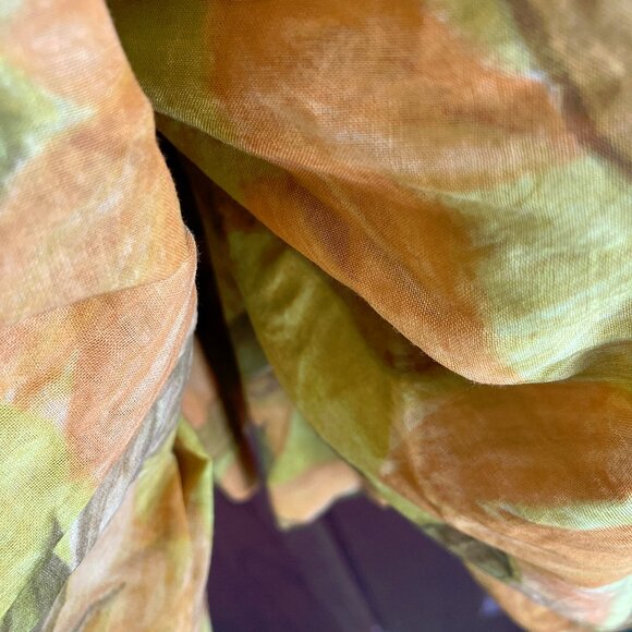 1950s short sleeve belted waist hidden button front orange brown pattern dress - Picture 4 of 16